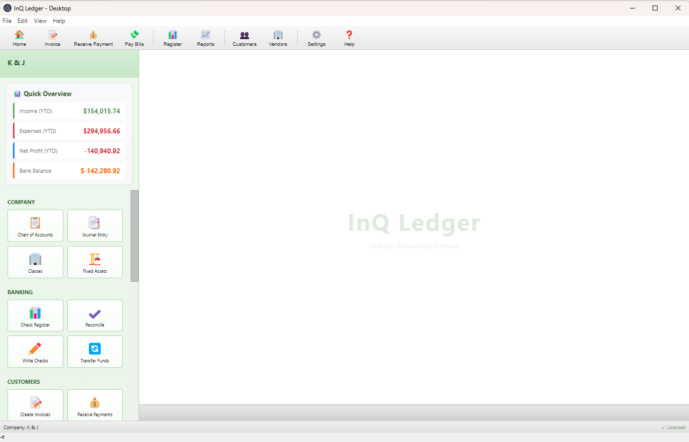 InQ Ledger desktop home view with company quick overview and module tiles